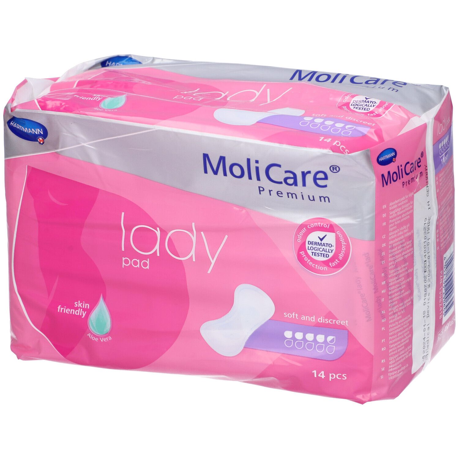 Confezione MoliCare Lady Pad. Confezione rosa e grigia con immagine del prodotto. Contiene 14 pezzi. Dermatologicamente testato.