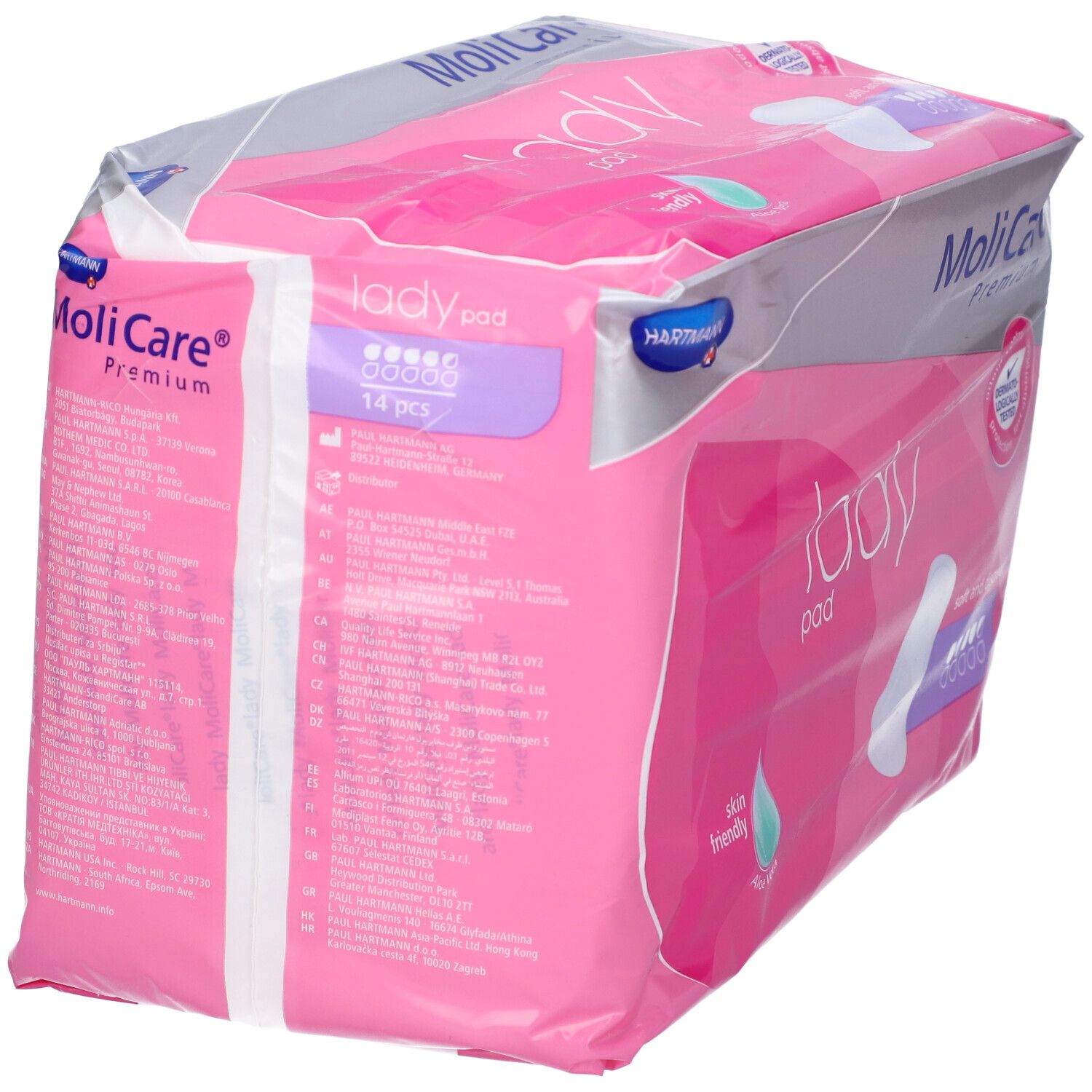 Confezione MoliCare Lady Pad. Confezione rosa e grigia. Informazioni sul prodotto sul retro. Contiene 14 pezzi. Dermatologicamente testato.