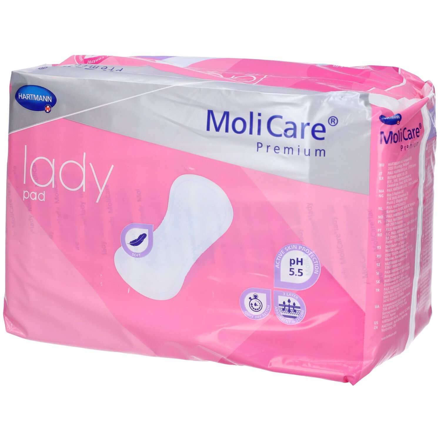 Confezione MoliCare Lady Pad. Confezione rosa e grigia con immagine del prodotto. Contiene 14 pezzi. pH 5,5.