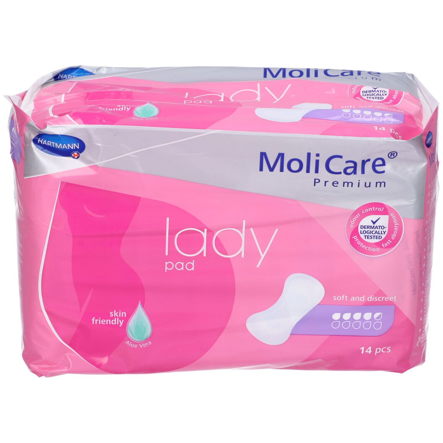 Confezione MoliCare Lady Pad. Confezione rosa e grigia con immagine del prodotto. Contiene 14 pezzi. Dermatologicamente testato.