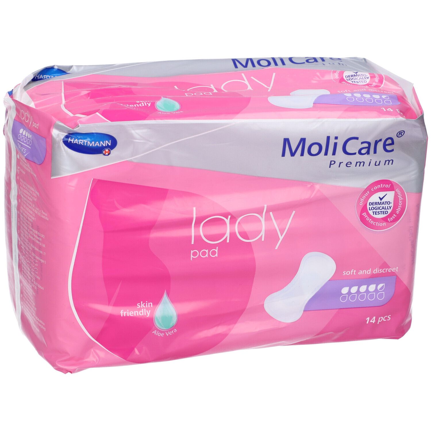 Confezione MoliCare Lady Pad. Confezione rosa e grigia con immagine del prodotto. Contiene 14 pezzi. Dermatologicamente testato.