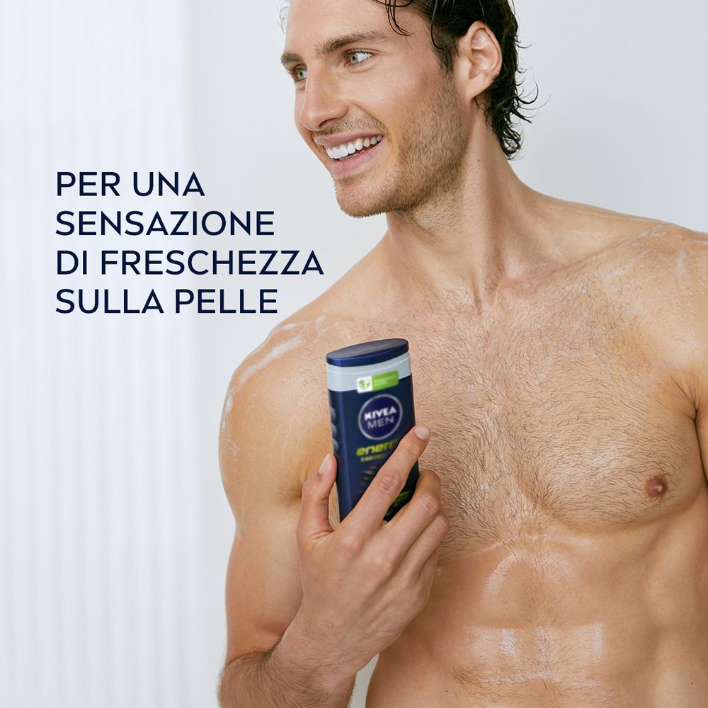 Nivea Men Doccia Shampoo Energy 250 ml, Docciaschiuma uomo energizzante per viso, corpo e capelli