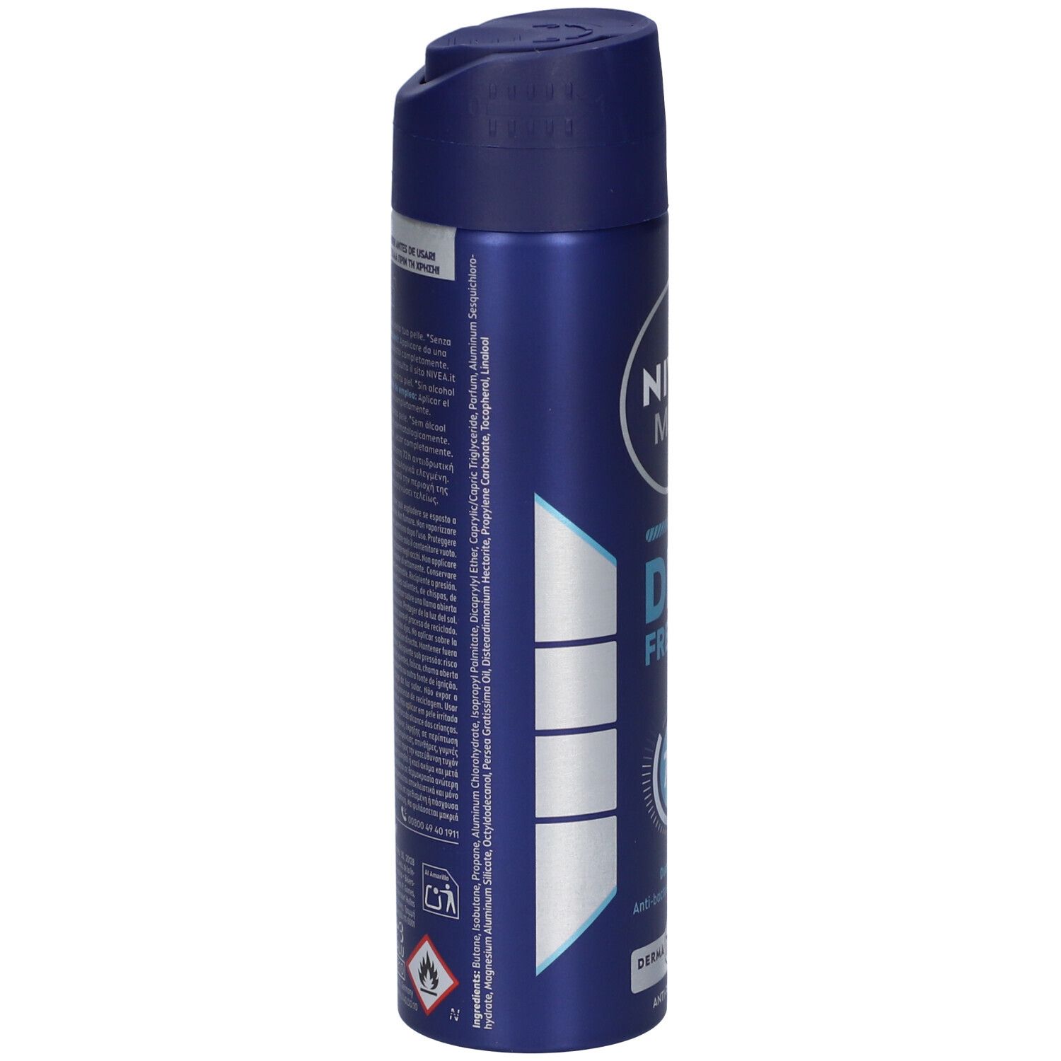 Bomboletta spray deodorante blu. Testo sul lato. Con tappo blu. Contiene informazioni e avvertenze.
