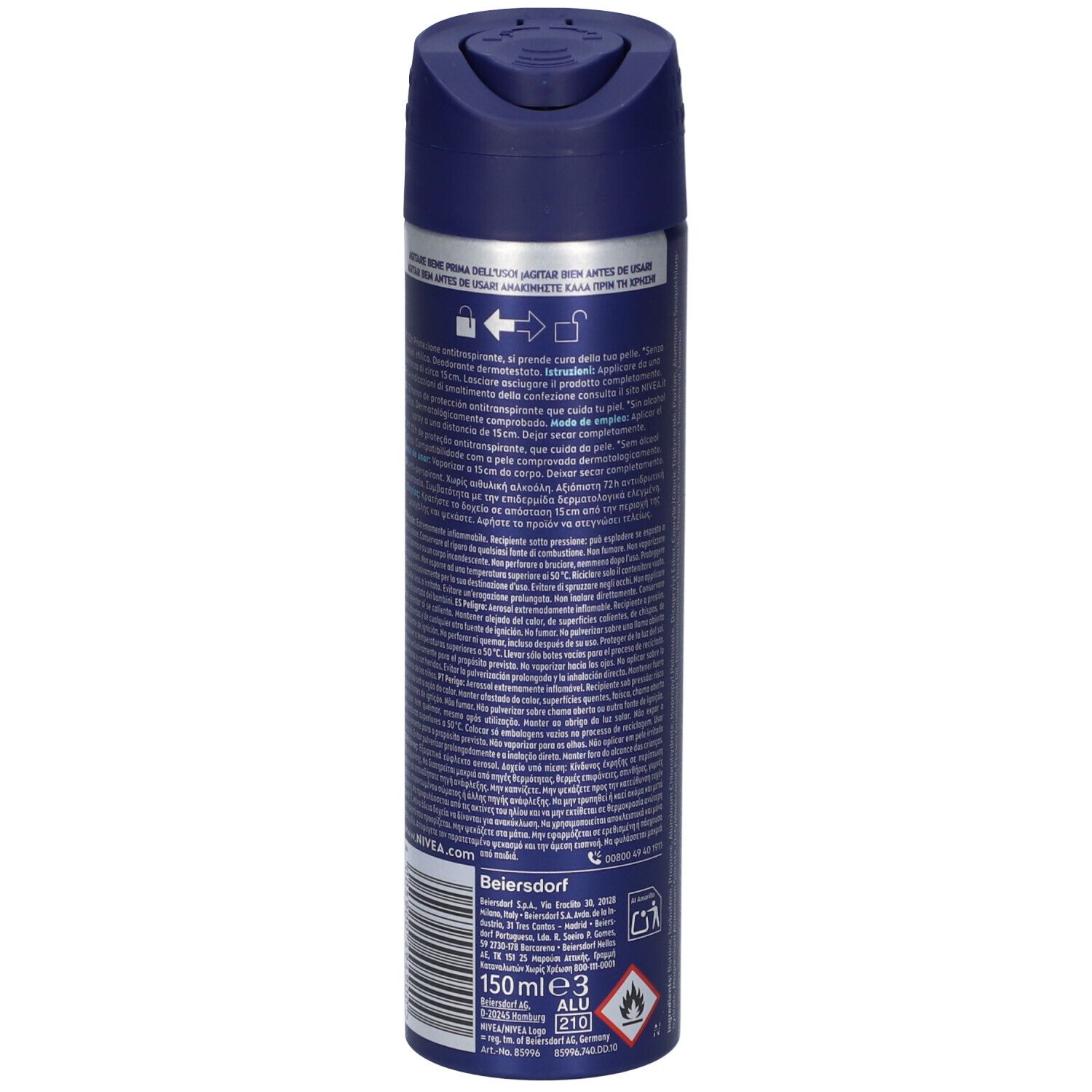 Retro della bomboletta spray deodorante blu. Testo e informazioni. Con tappo blu. 150ml.