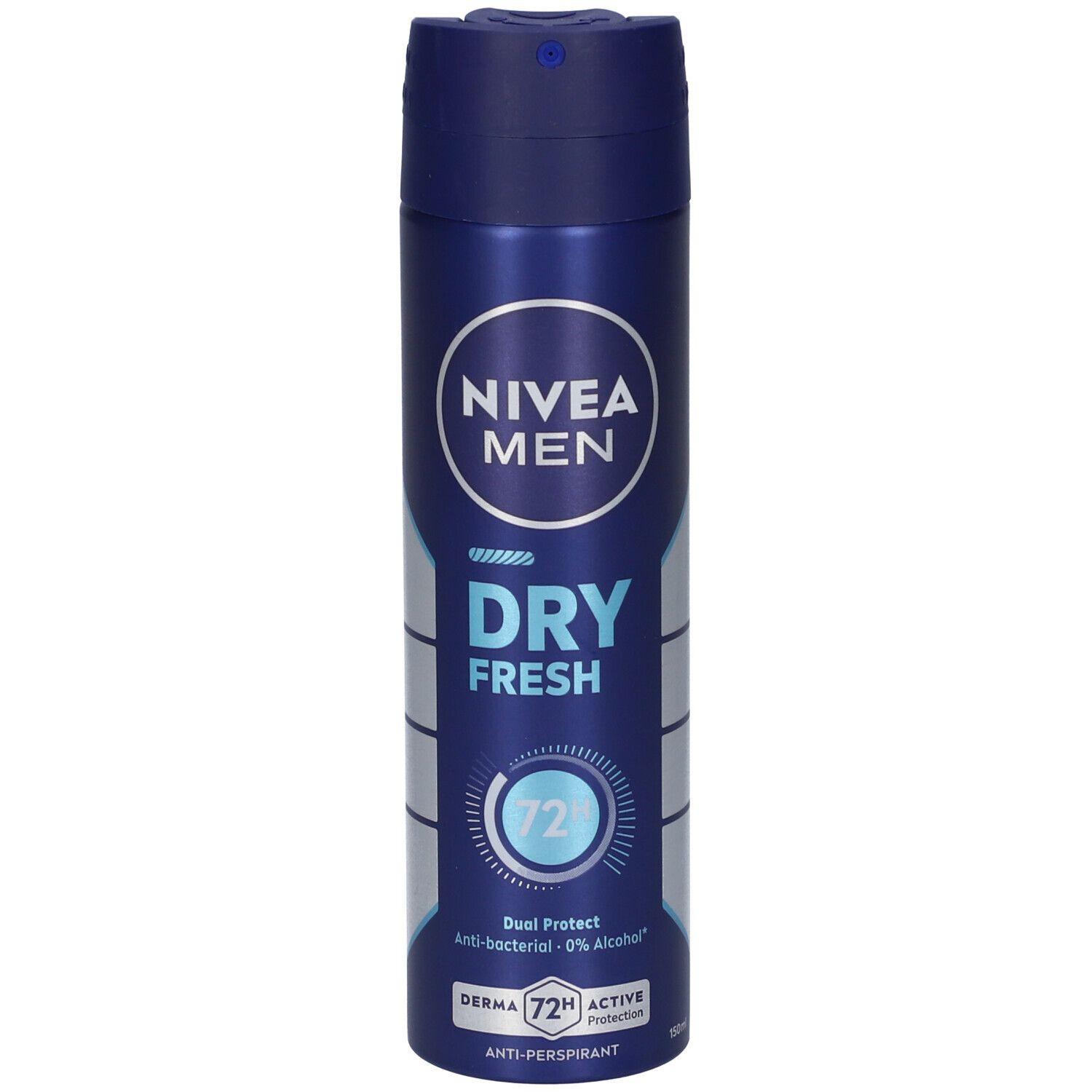 Spray deodorante blu NIVEA MEN. Scritta: DRY FRESH, 72h, Anti-perspirant. Con tappo blu.