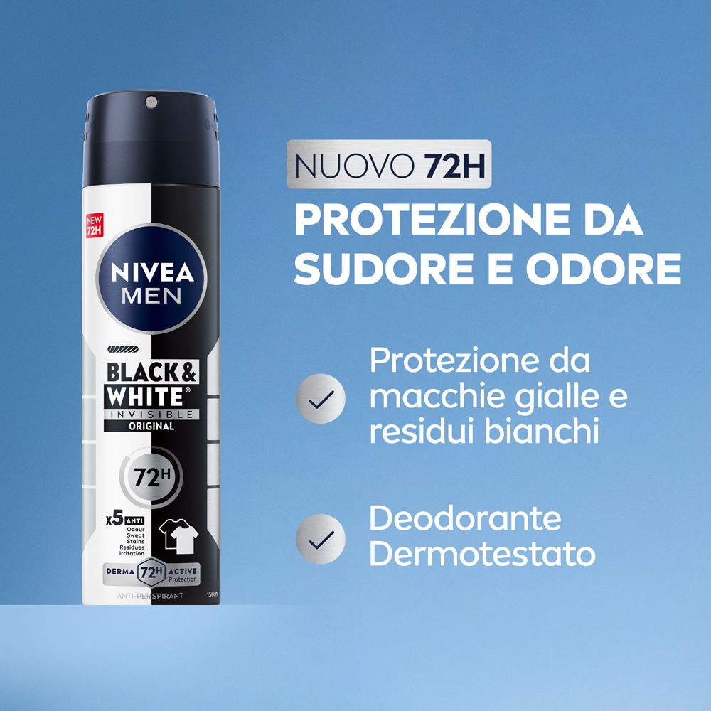 Nivea Men Black & White Invisible Original Spray 150 ml, Deodorante spray uomo antitraspirante 72h