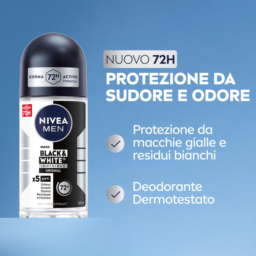 Nivea Men Black & White Invisible Original Roll-on 6 x 50 ml, Deodorante roll on uomo antitraspirante