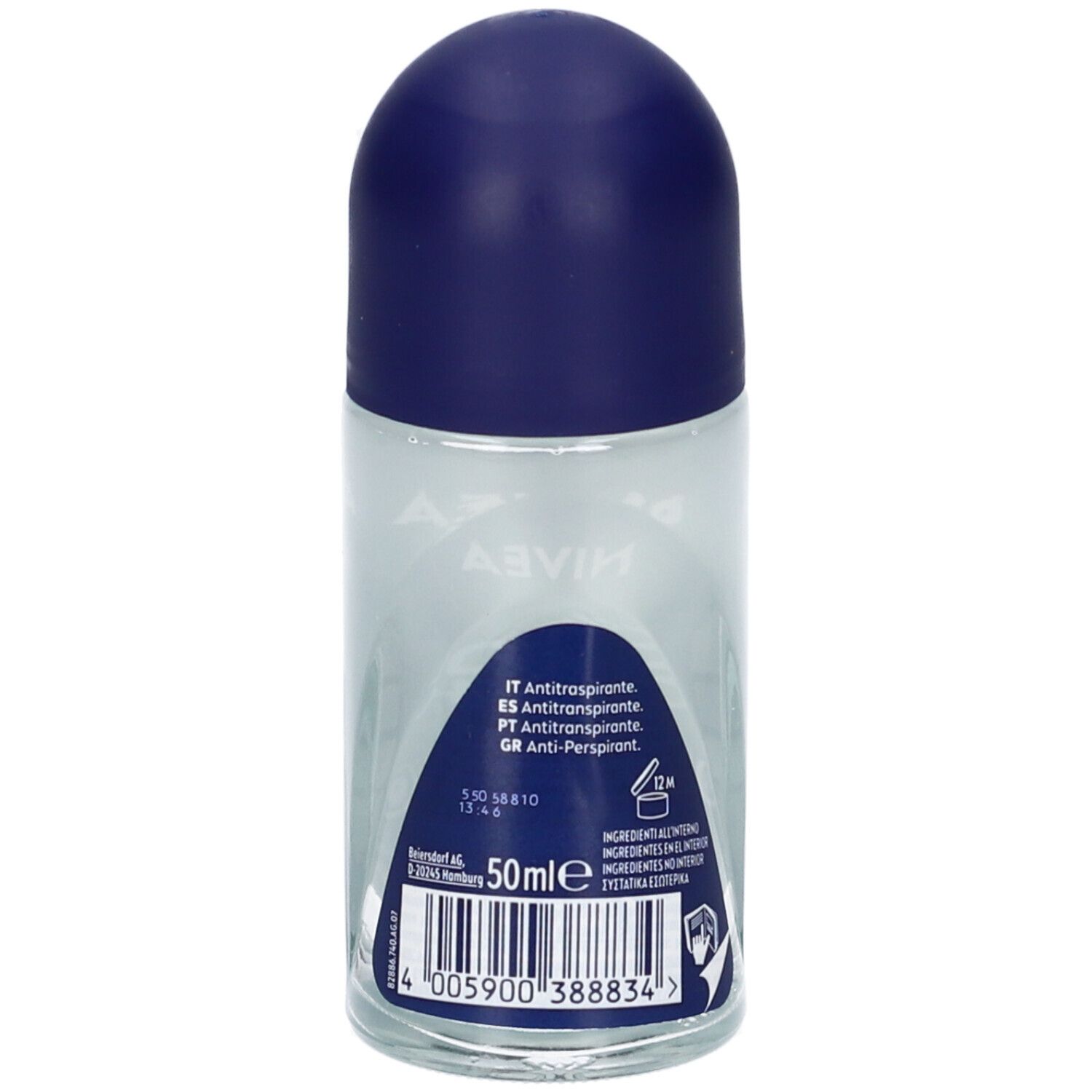 Roll-on NIVEA, flacone trasparente con tappo blu. Retro con testo e codice a barre. 50ml.