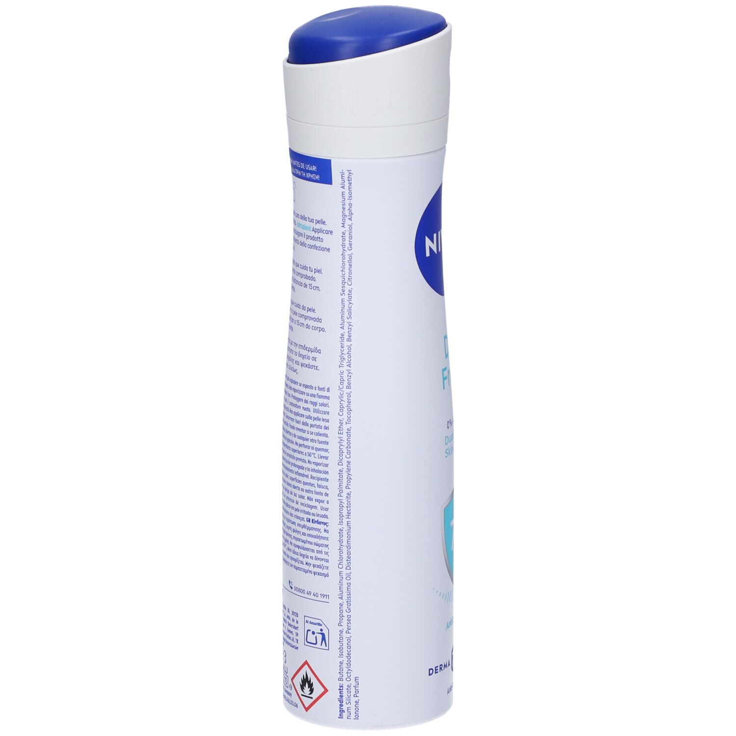 Vista laterale dello spray deodorante NIVEA Dry Fresh. Bianco, con tappo blu. Testo e ingredienti sul retro.