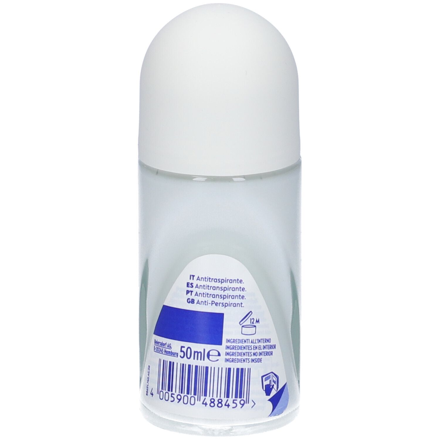 Retro del flacone roll-on deodorante bianco. Etichette blu e bianche con testo. Codice a barre e indicazione del volume.