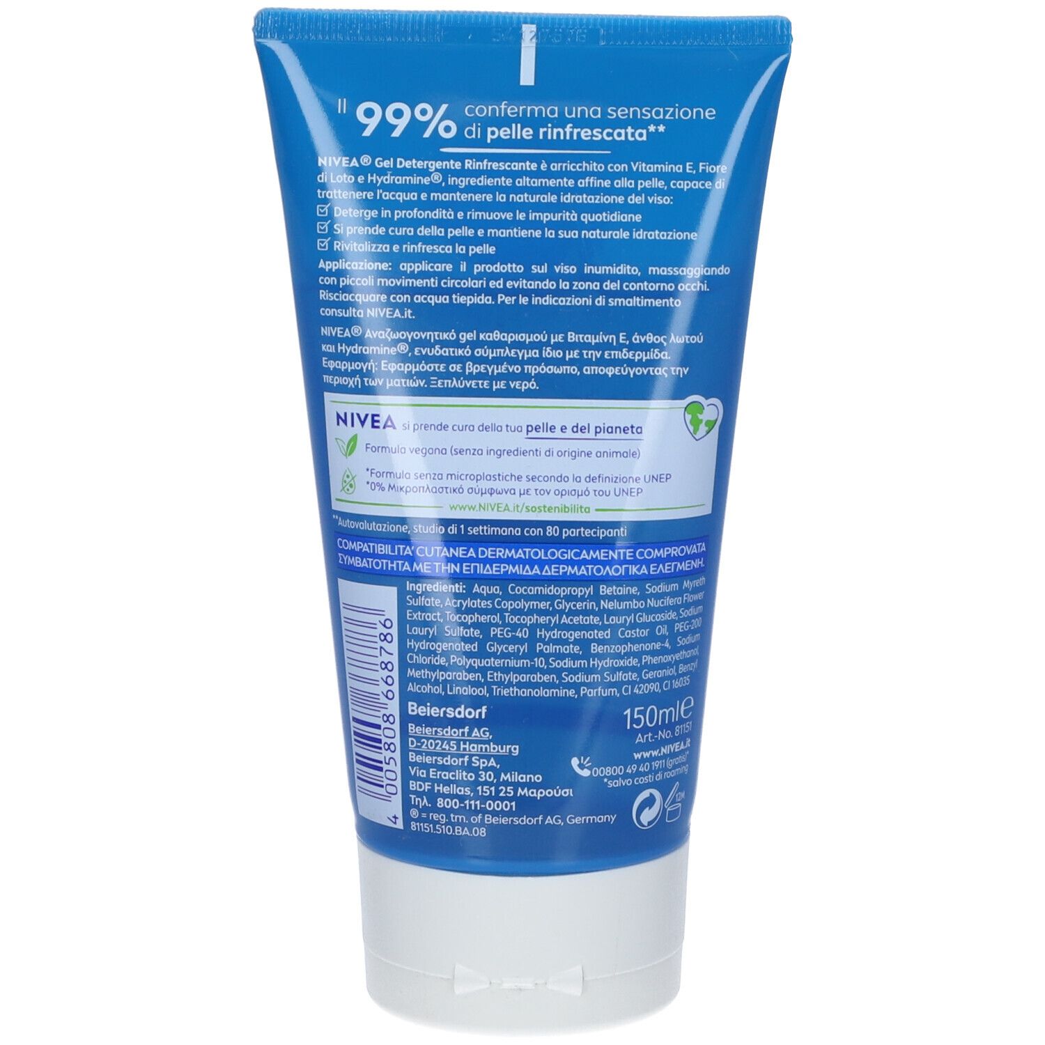 NIVEA Gel Detergente Rinfrescante in tubo blu, 150ml.