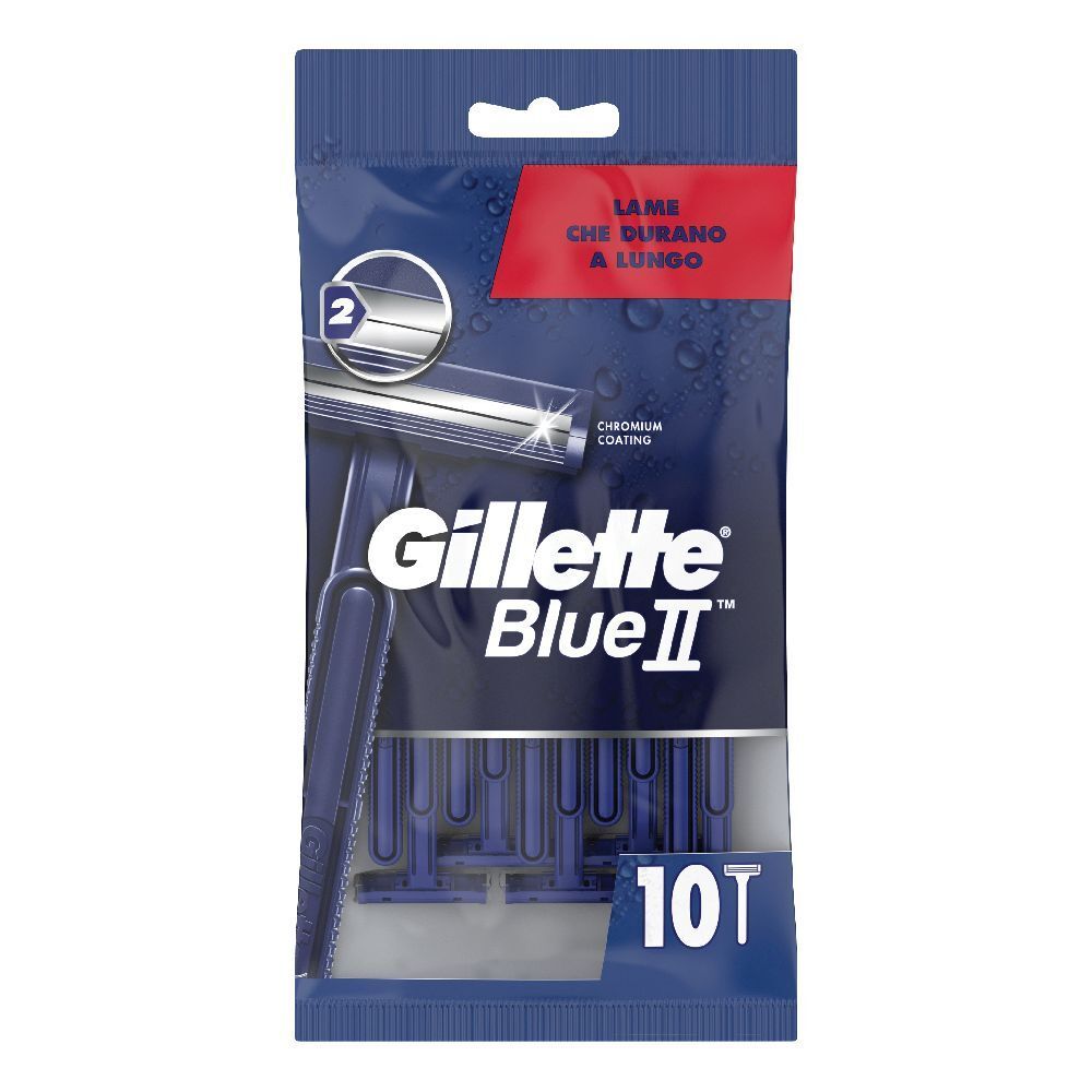 Confezione di rasoi Gillette Blue II. Contiene 10 pezzi. Confezione blu con immagine del prodotto e testo.