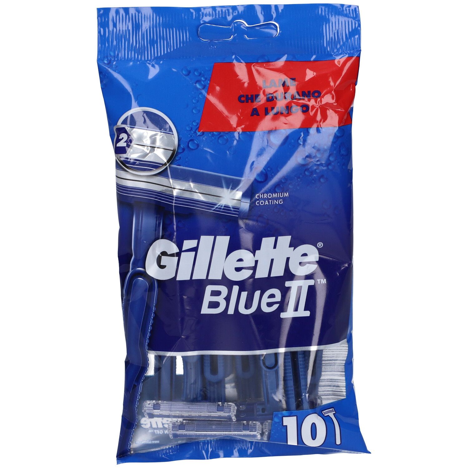 Confezione di rasoi Gillette Blue II. Contiene 10 pezzi. Confezione blu con immagine del prodotto e testo.