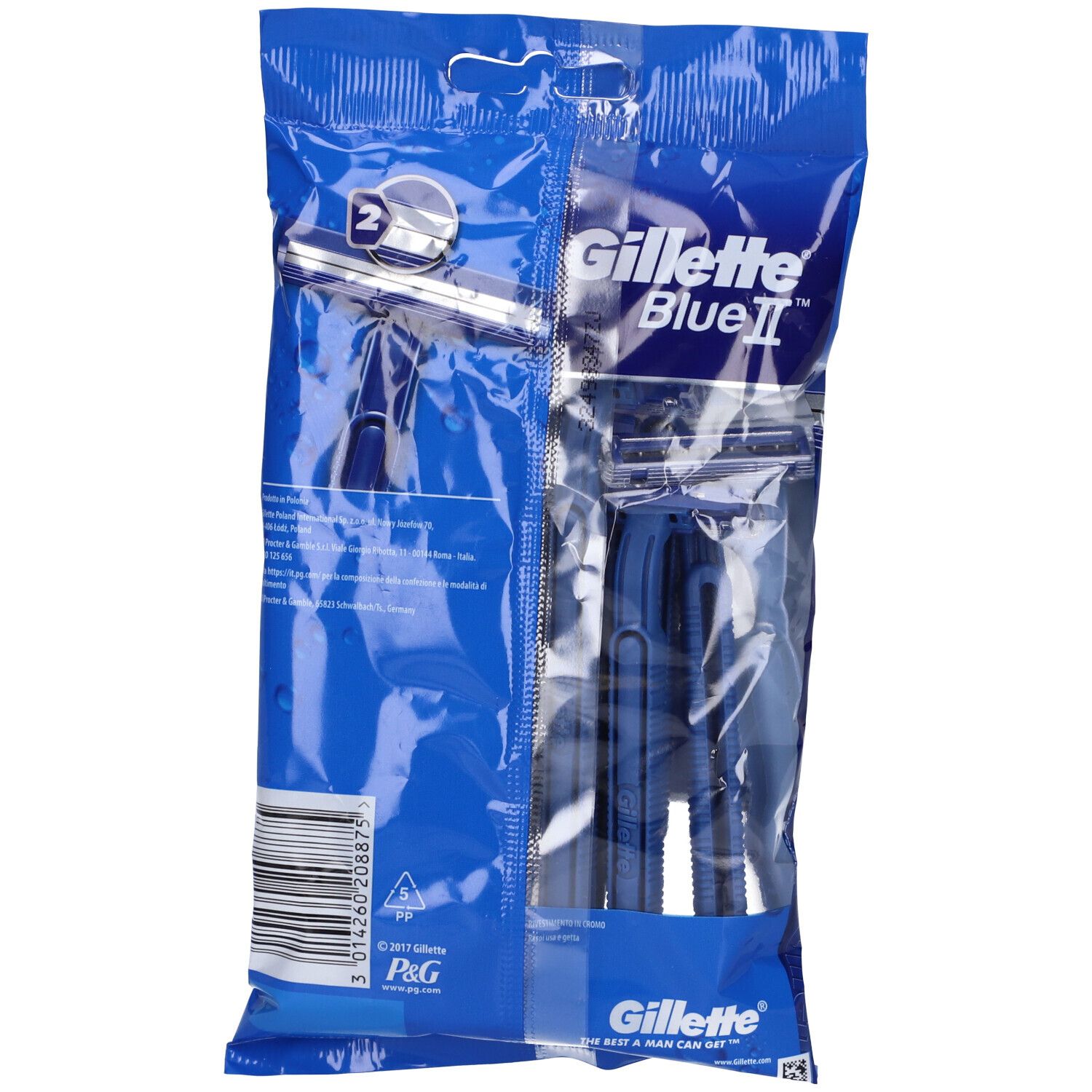 Confezione di rasoi Gillette Blue II. Confezione blu. Prodotto e testo visibili. 10 pezzi.