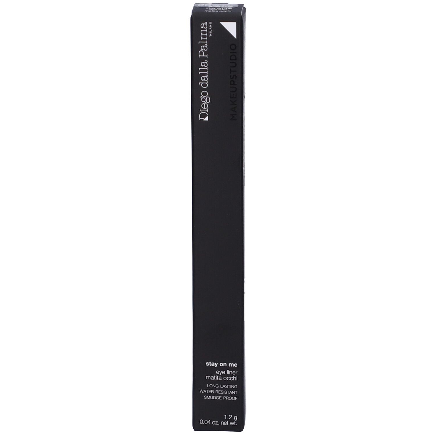 Confezione nera con informazioni sul prodotto. Marchio: Diego dalla Palma. Testo: Stay on me, Eye liner, Matita occhi, Long lasting, Water resistant, Smudge proof.