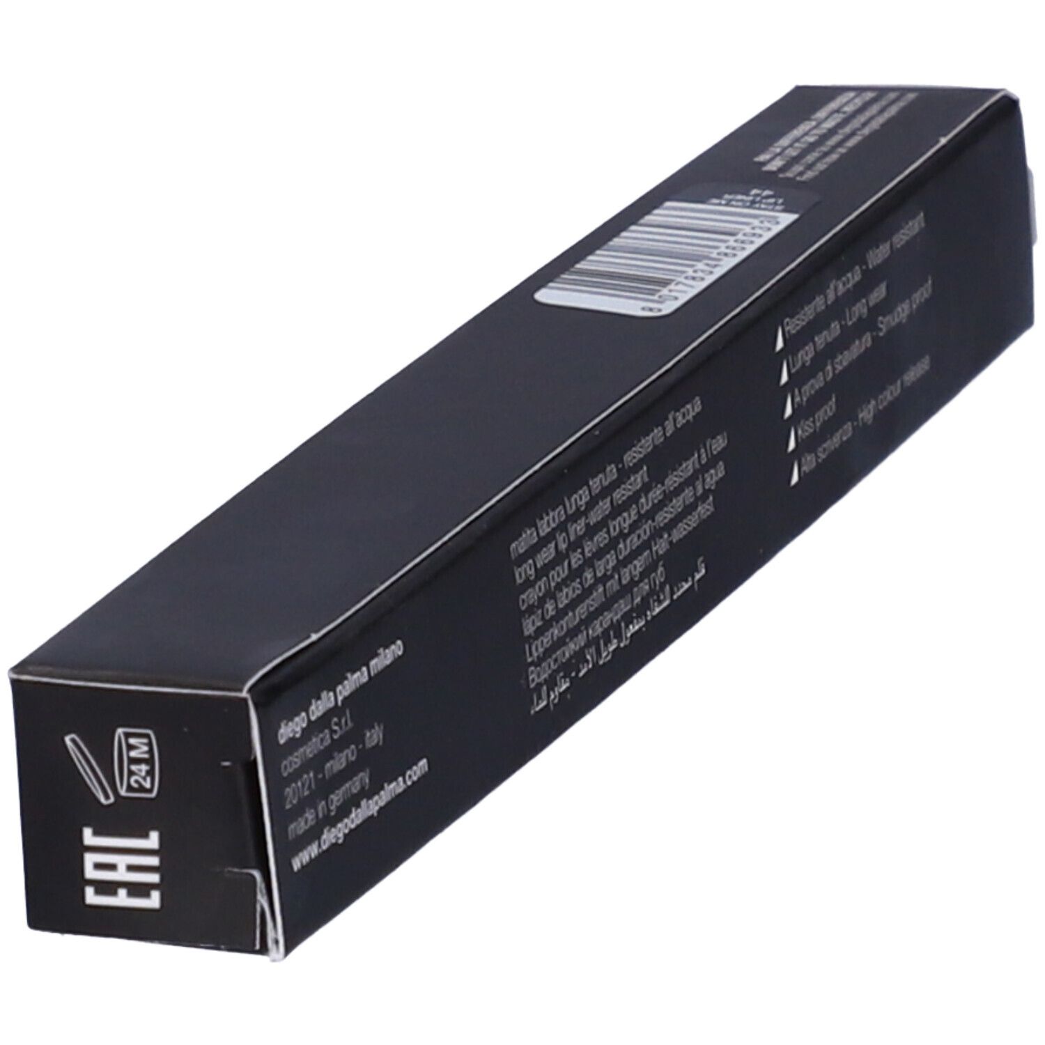 Confezione nera con informazioni prodotto. Marca: Diego dalla Palma. Testo multilingue. Codice a barre.