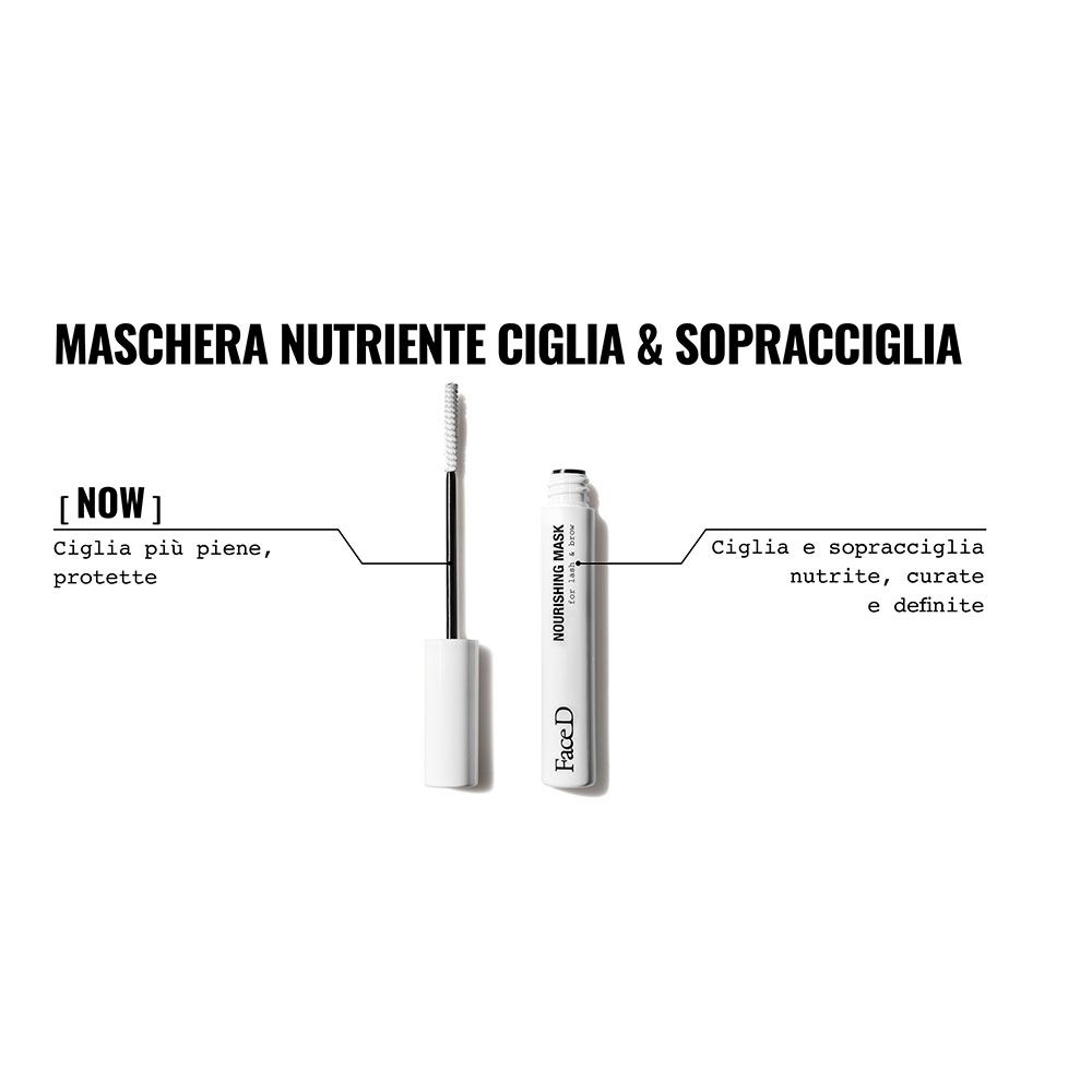 Prodotto con testo: Ciglia più piene, protette. Ciglia e sopracciglia nutrite, curate e definite. Nome prodotto: Nourishing Mask.