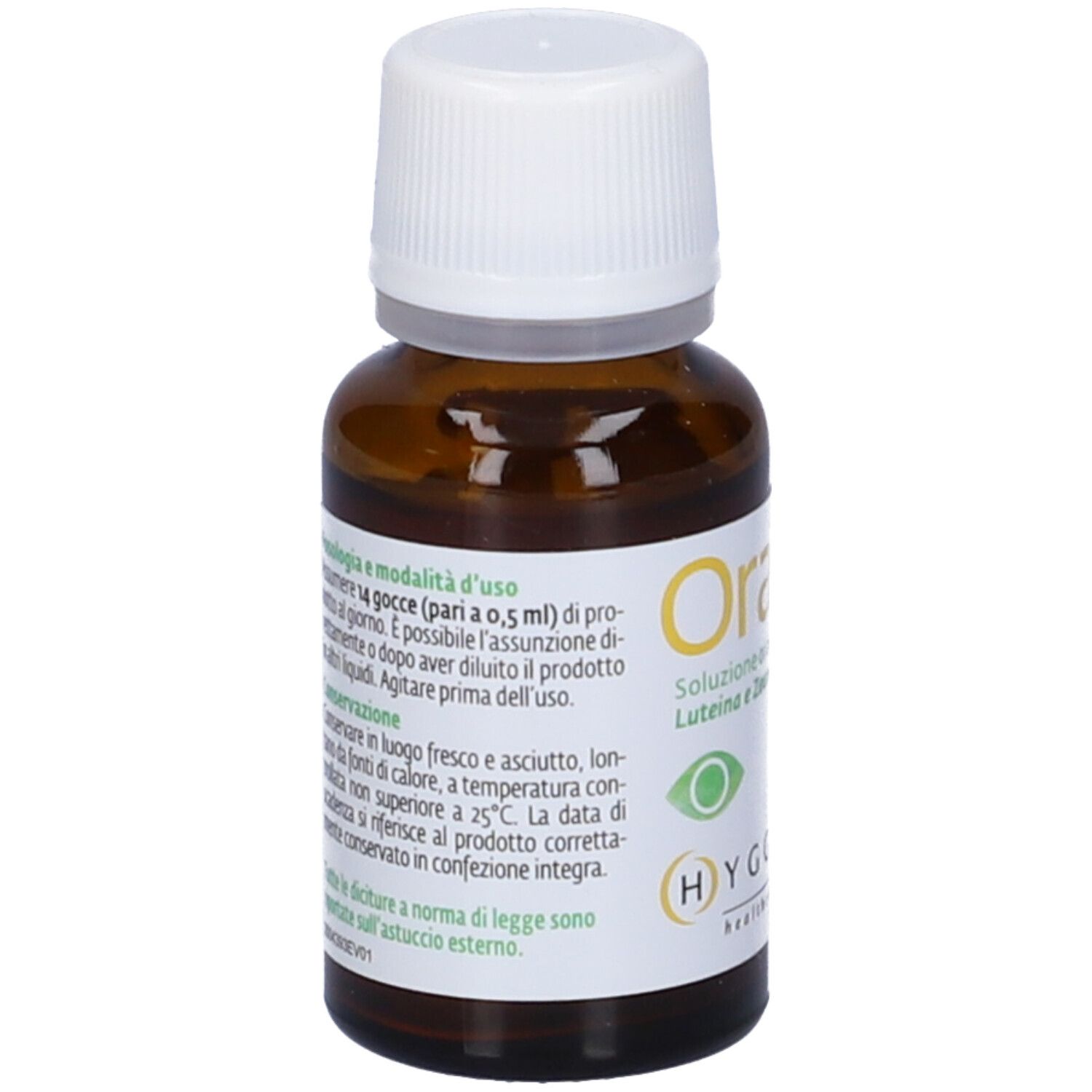 Flacone di vetro marrone con tappo bianco. Etichetta con informazioni sul prodotto. Marca: Oralux. 15 ml.