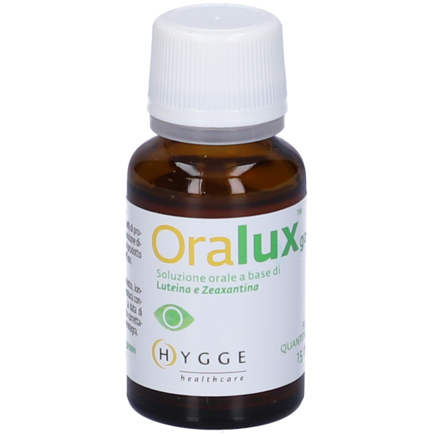 Flacone di vetro marrone con tappo bianco. Etichetta con informazioni sul prodotto. Marca: Oralux. 15 ml.