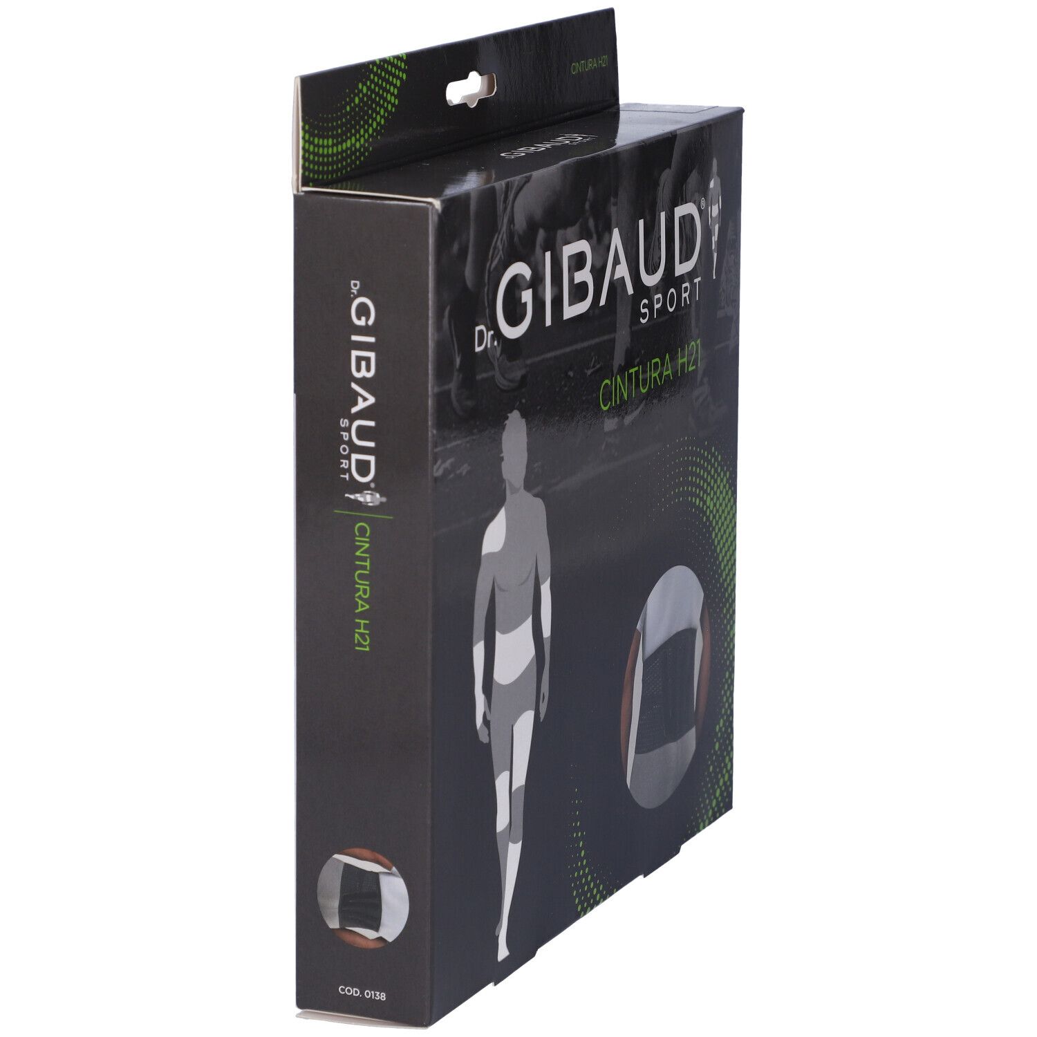 Vista laterale della scatola Dr. Gibaud Sport Cintura H21. Scatola nera con logo e nome del prodotto.
