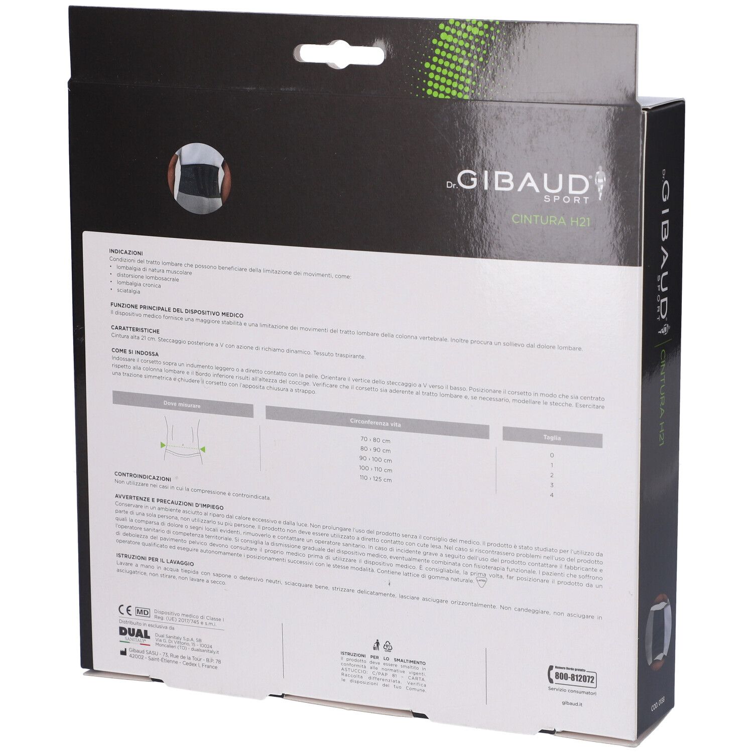 Retro della scatola Dr. Gibaud Sport Cintura H21. Informazioni testuali e tabella delle taglie.