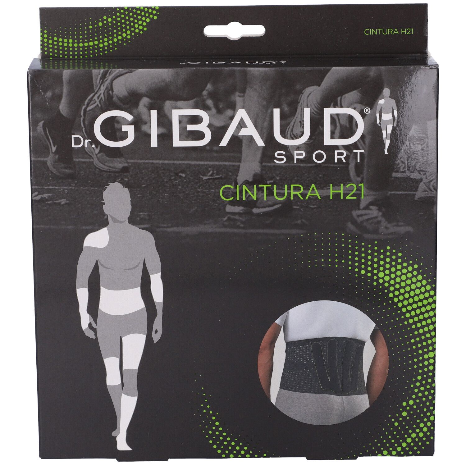 Scatola di Dr. Gibaud Sport Cintura H21. Scatola nera con immagine del prodotto e logo del marchio.