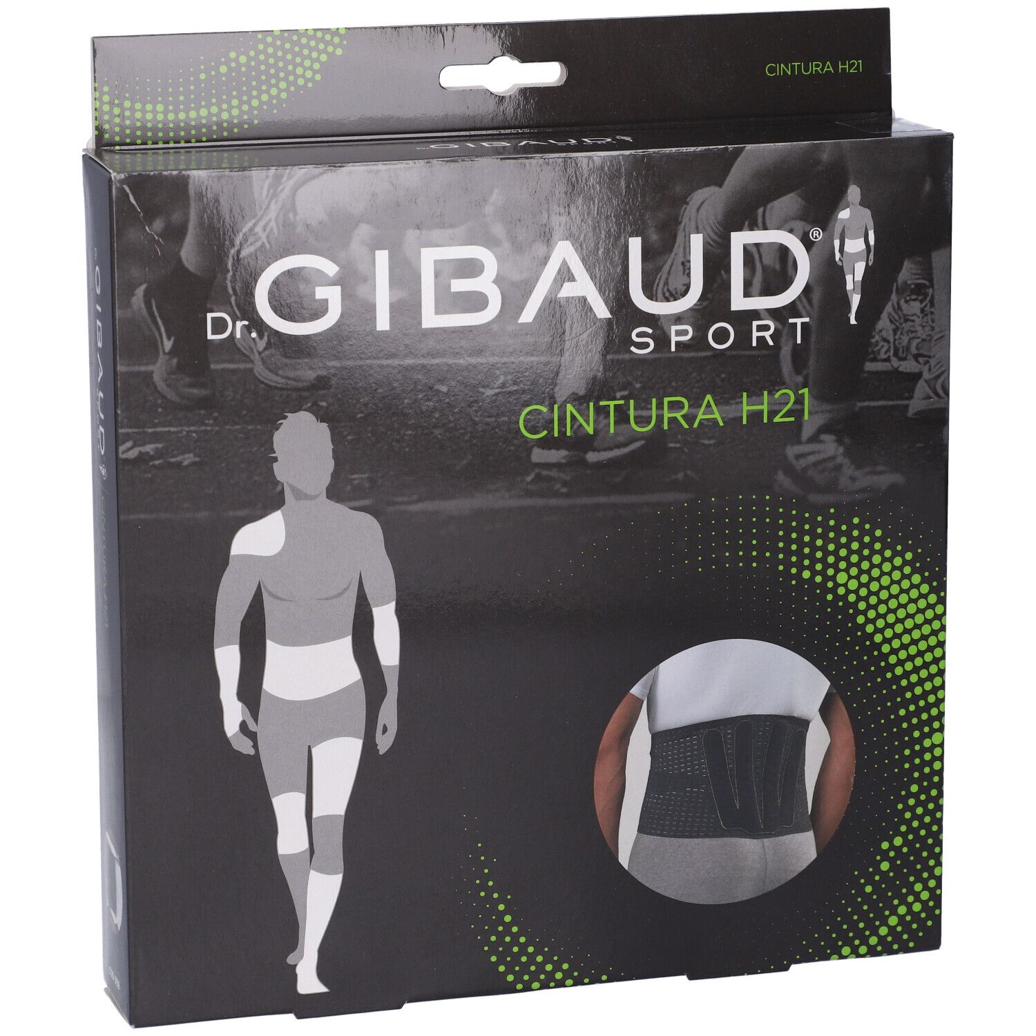 Scatola di Dr. Gibaud Sport Cintura H21. Scatola nera con immagine del prodotto e logo del marchio.
