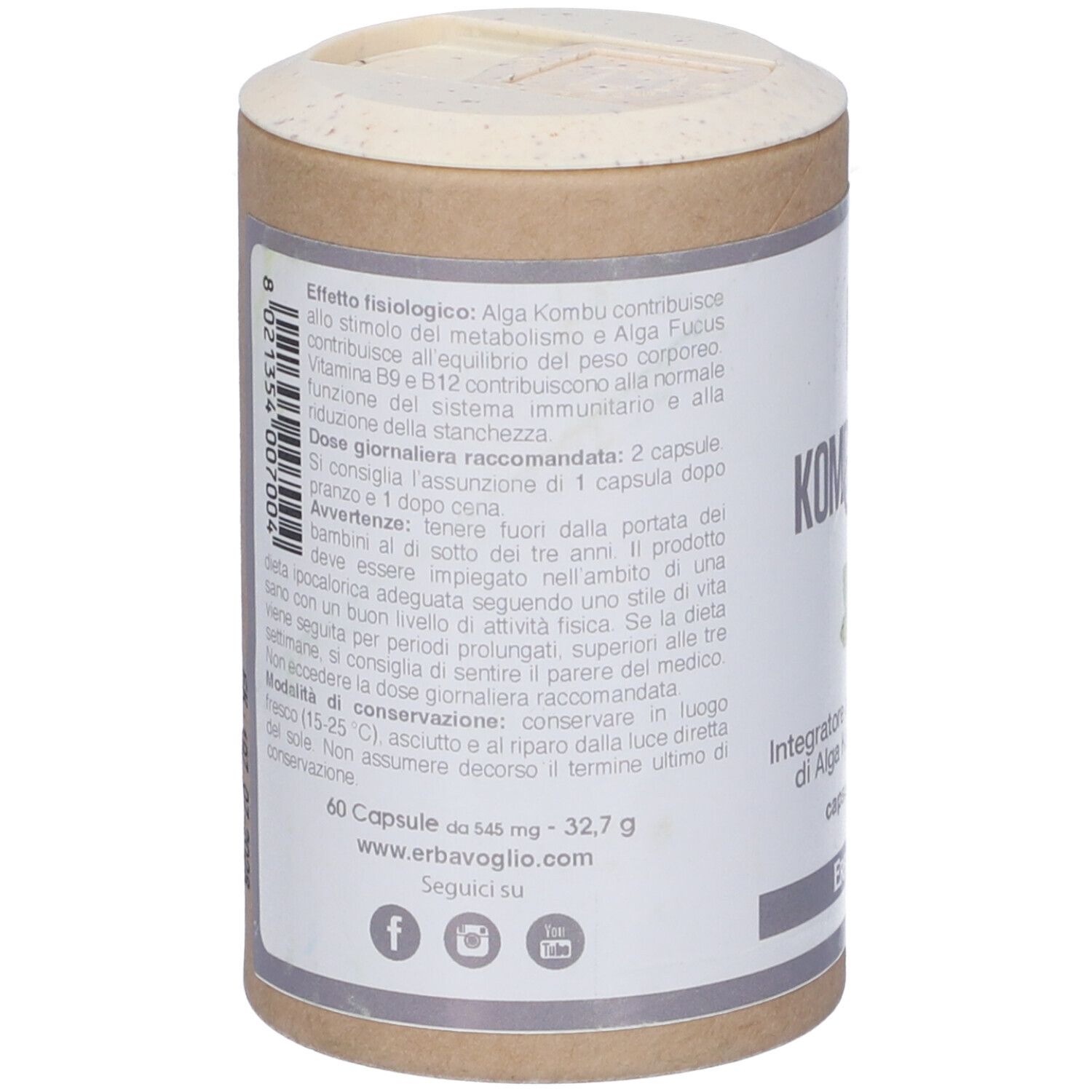 Retro del barattolo Kombutirox. Testo con informazioni su ingredienti e dosaggio. 60 capsule.