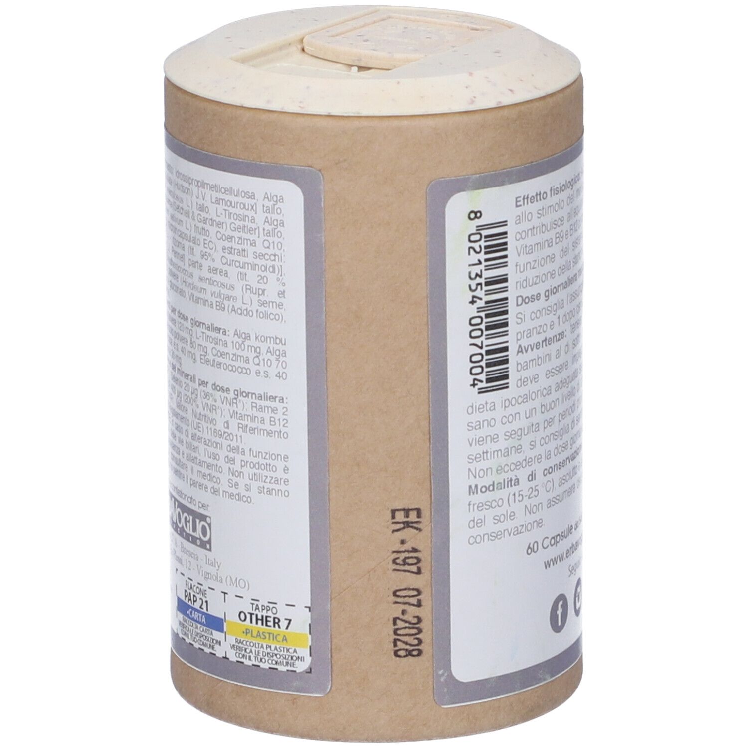 Retro del barattolo Kombutirox. Testo con ingredienti e data di scadenza. 60 capsule.