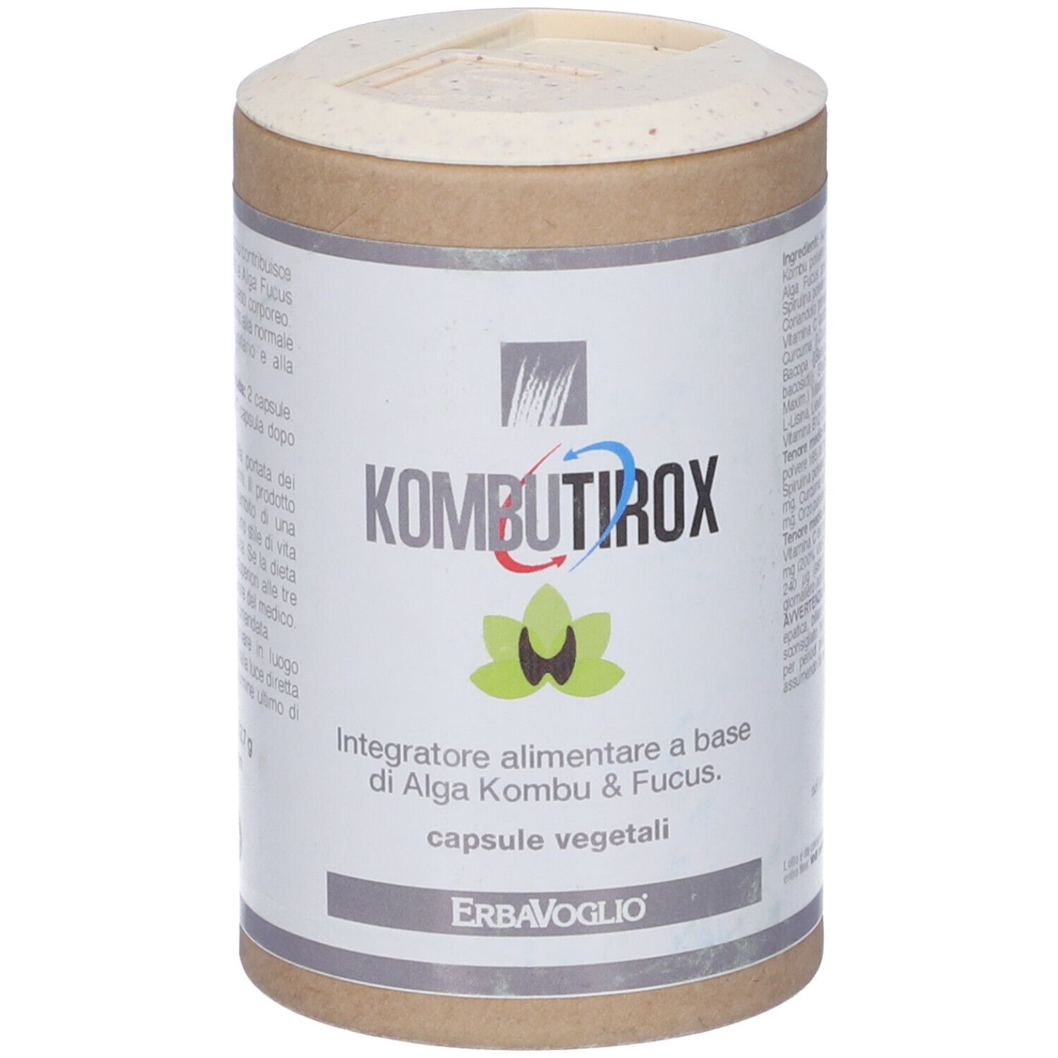 Barattolo cilindrico Kombutirox. Contiene capsule vegetali. Marchio: ErbaVoglio. Primo piano.