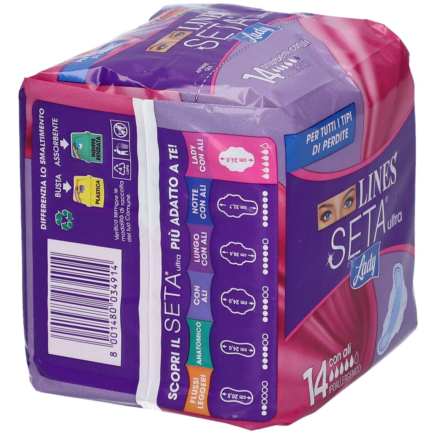 Confezione da 14 assorbenti ultra Lady con ali. Marchio LINES Seta. Diversi livelli di assorbenza.