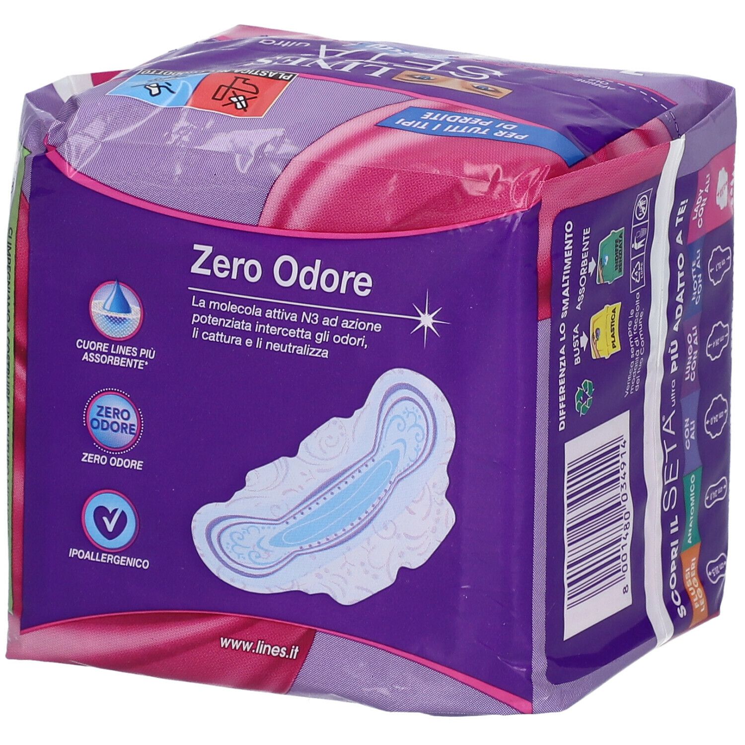 Confezione da 14 assorbenti ultra Lady con ali. Marchio LINES Seta. Zero Odore. Ipoallergenico.