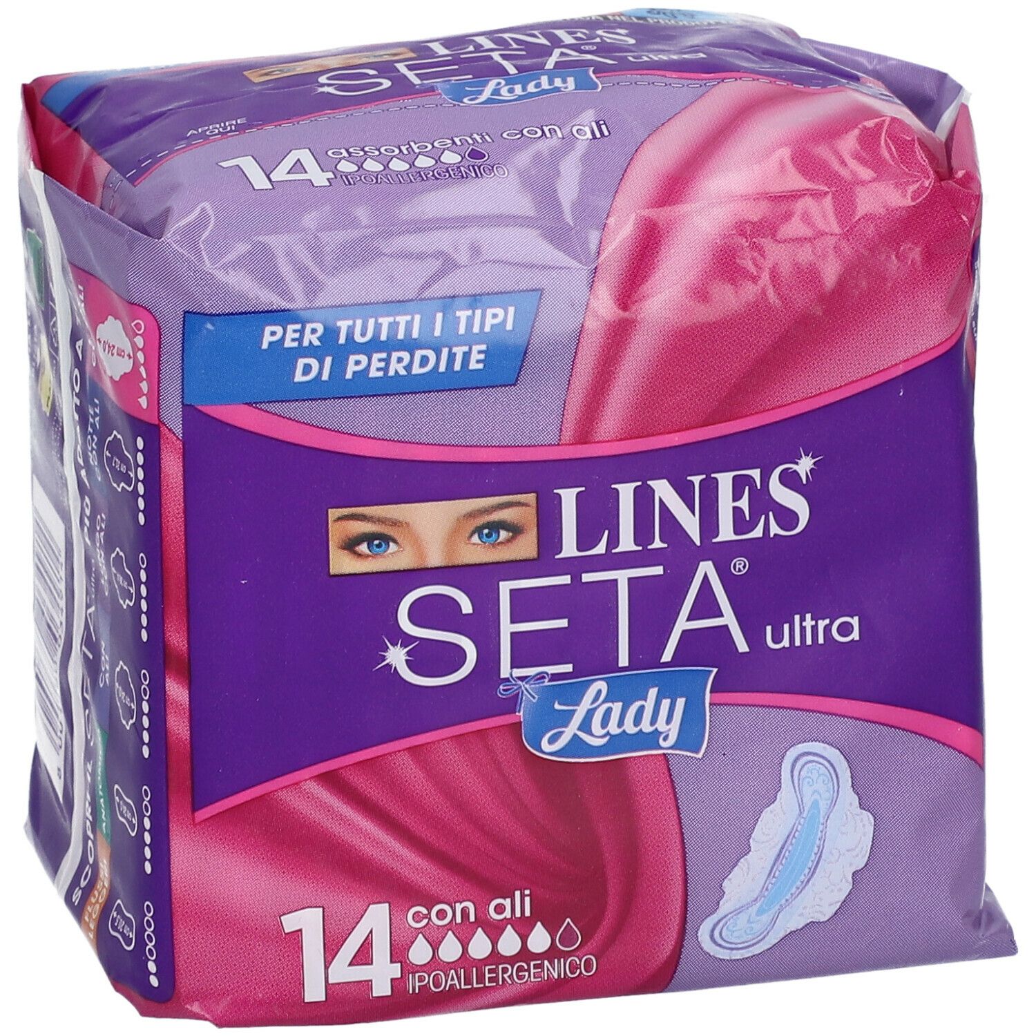 Confezione da 14 assorbenti ultra Lady con ali. Marchio LINES Seta. Per tutti i tipi di perdite.