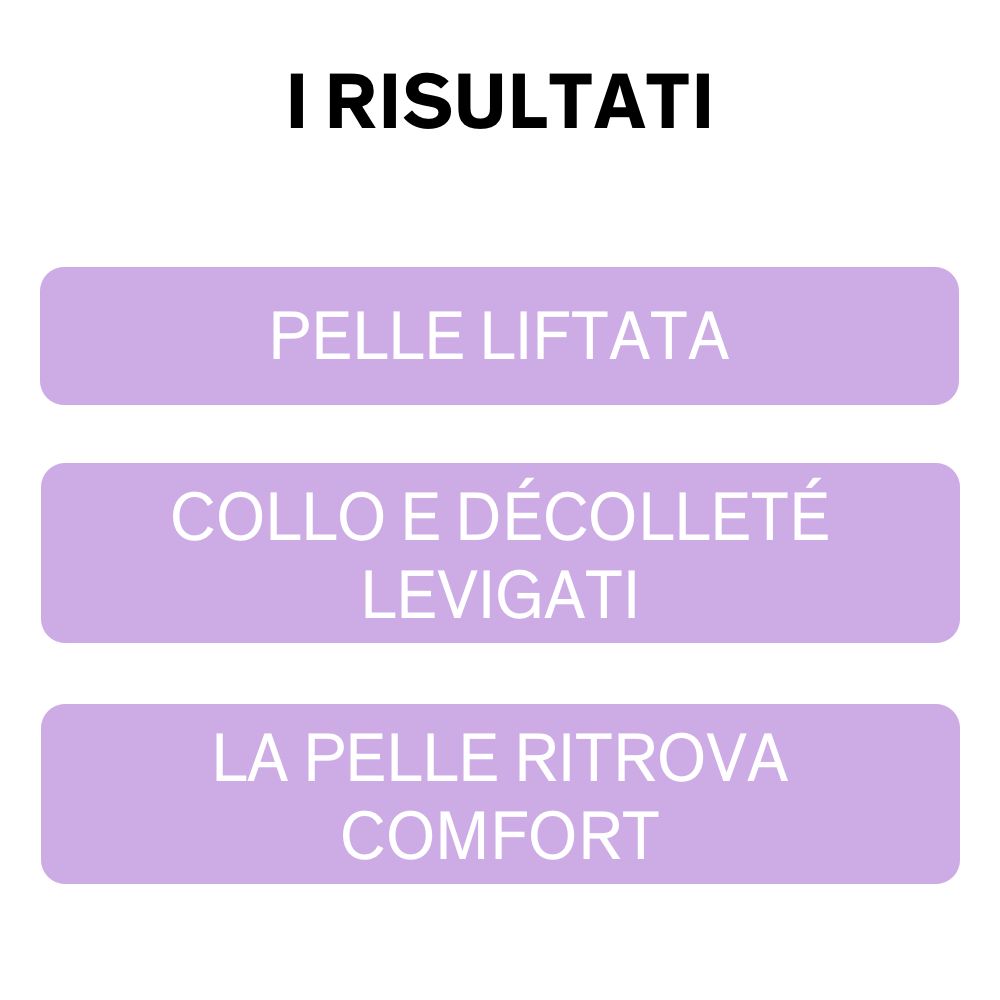 Tre rettangoli viola con testo: Pelle Liftata, Collo e Décolleté Levigati, La Pelle Ritrova Comfort. Sfondo nero.