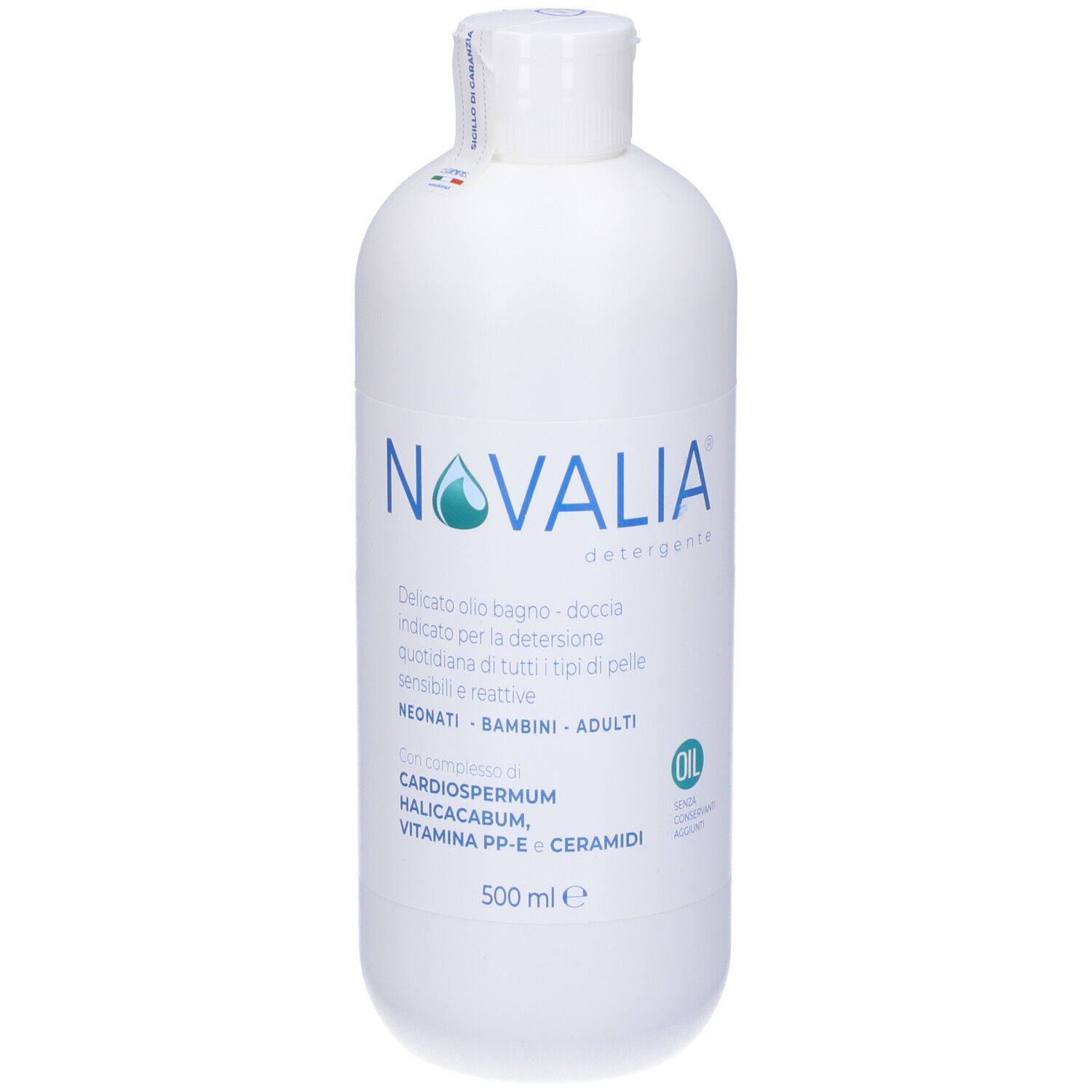 Flacone bianco con logo e testo blu. Contiene informazioni sugli ingredienti e il volume.