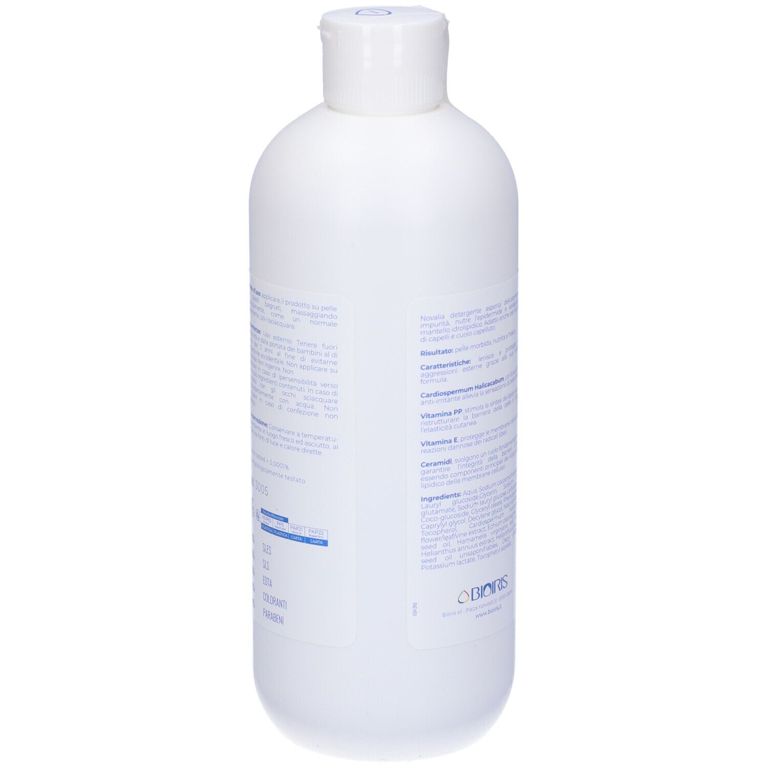 Flacone bianco con logo e testo blu. Retro con ingredienti e istruzioni.