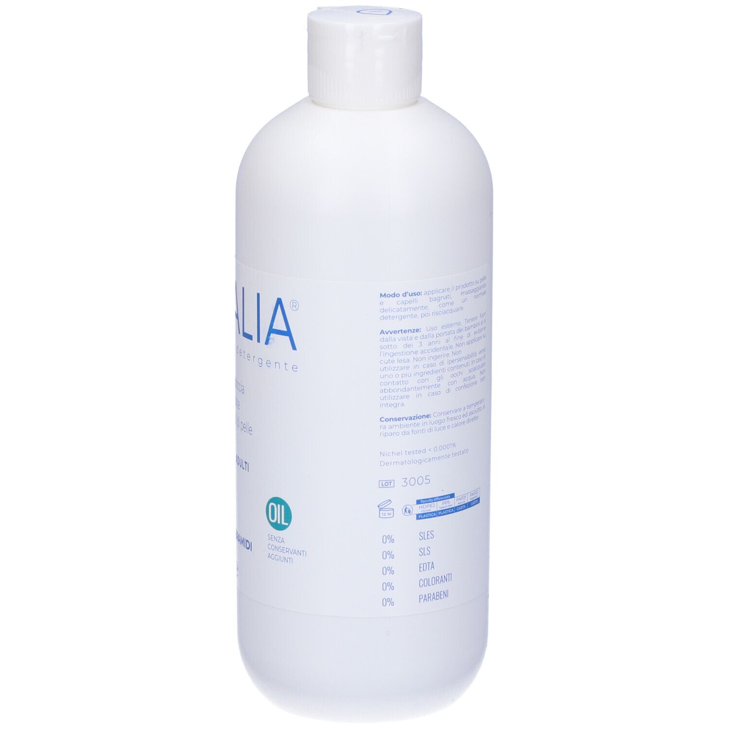 Flacone bianco con logo e testo blu. Retro con ingredienti e istruzioni.