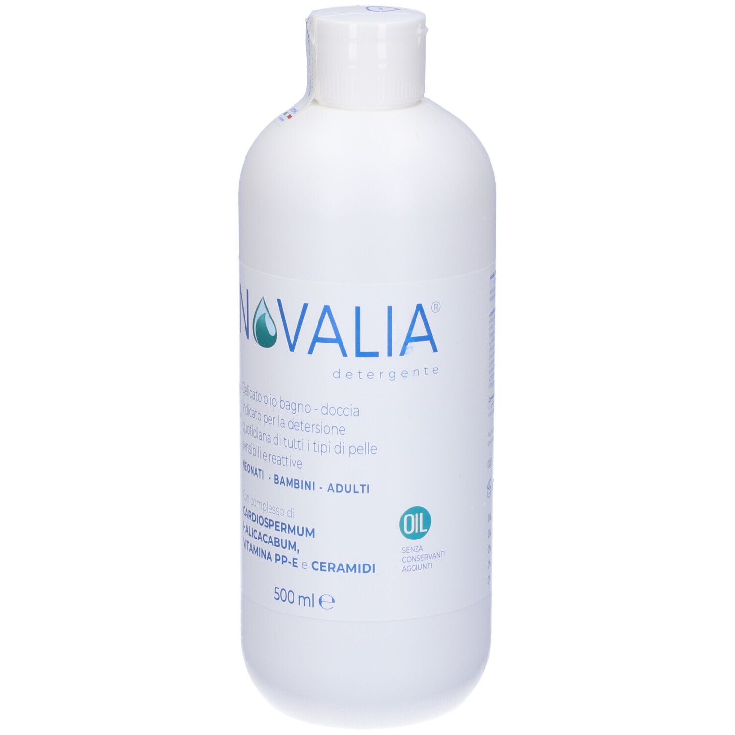 Flacone bianco con logo e testo blu. Contiene informazioni sugli ingredienti e il volume.