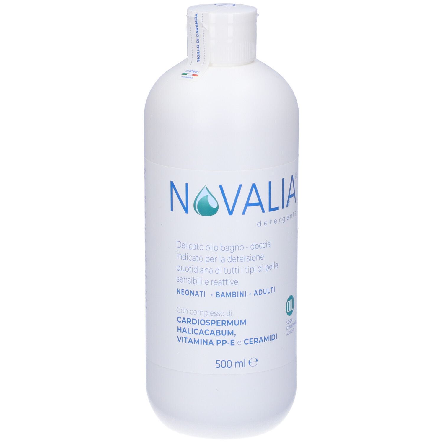 Flacone bianco con logo e testo blu. Contiene informazioni sugli ingredienti e il volume.