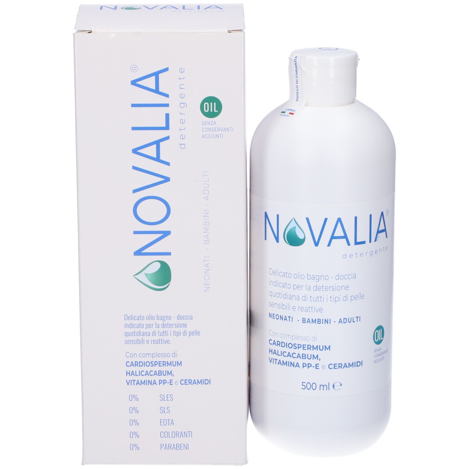 Confezione del prodotto con flacone e scatola. Contiene informazioni sugli ingredienti e il volume.