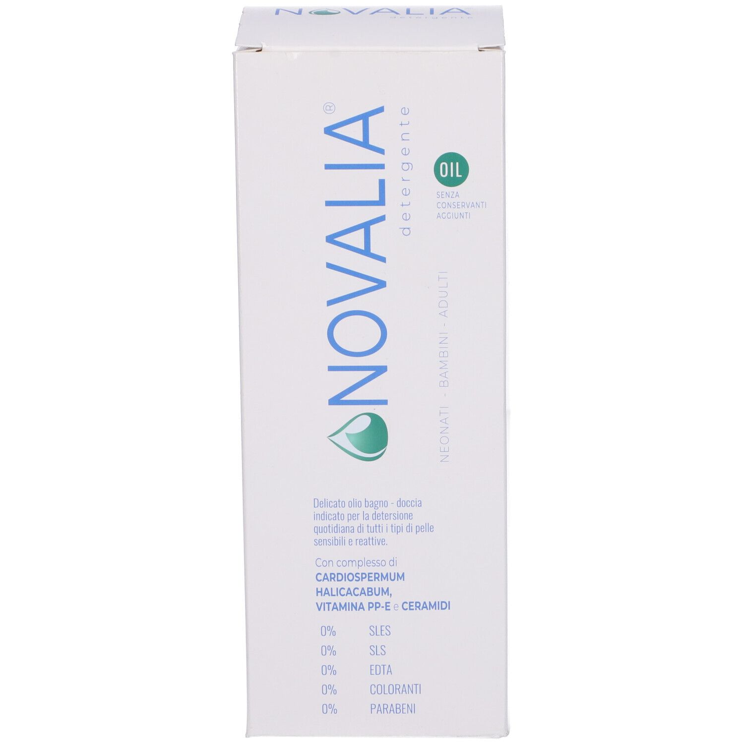 Confezione bianca con logo e testo blu. Contiene informazioni sugli ingredienti e le certificazioni.