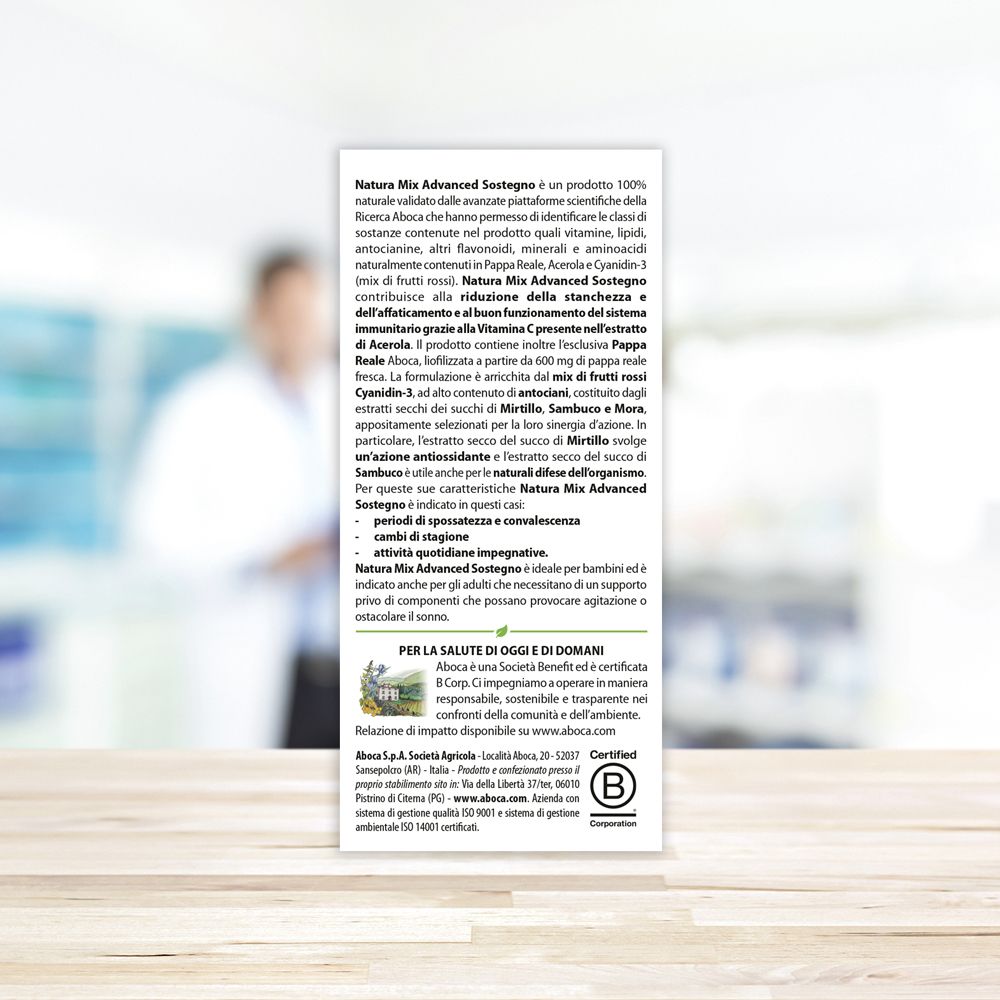 Retro della confezione Aboca Natura Mix Advanced Sostegno. Contiene informazioni sul prodotto.