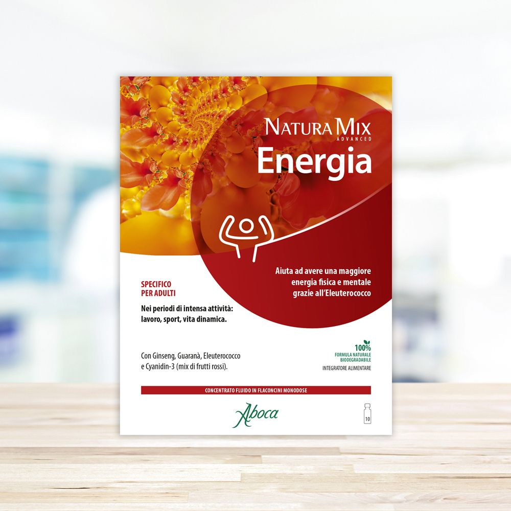 Confezione integratore. Colori rosso e giallo. Testo: Natura Mix Energia, Aboca. Specifico per adulti.