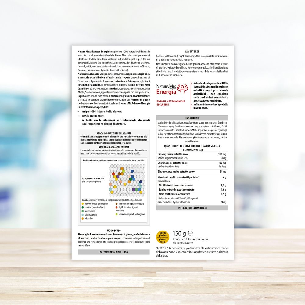 Retro della confezione. Testo e grafici. Elenco ingredienti e informazioni nutrizionali. Marchio: Natura Mix Energia.
