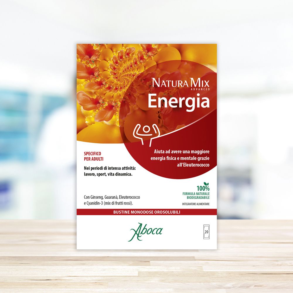 Confezione di Aboca Natura Mix Advanced Energia. Scritta: Energia, 20 bustine, formula 100% naturale. Logo Aboca.