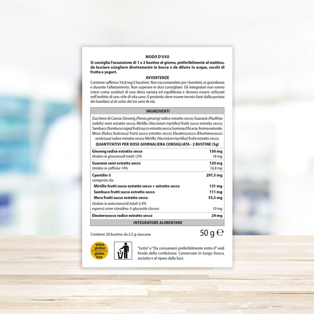 Retro della confezione Aboca Natura Mix Advanced Energia. Elenco ingredienti e informazioni nutrizionali. Testo in italiano.