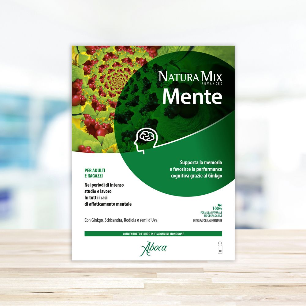 Confezione del prodotto Natura Mix Advanced Mente. Design verde e bianco con nome e logo. Testo e grafica.