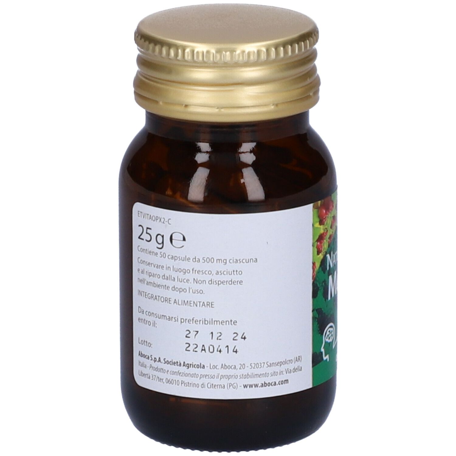 Flacone di vetro marrone con tappo dorato. Capsule Natura Mix Mente. Testo: Capsule, senza glutine. 25 g.