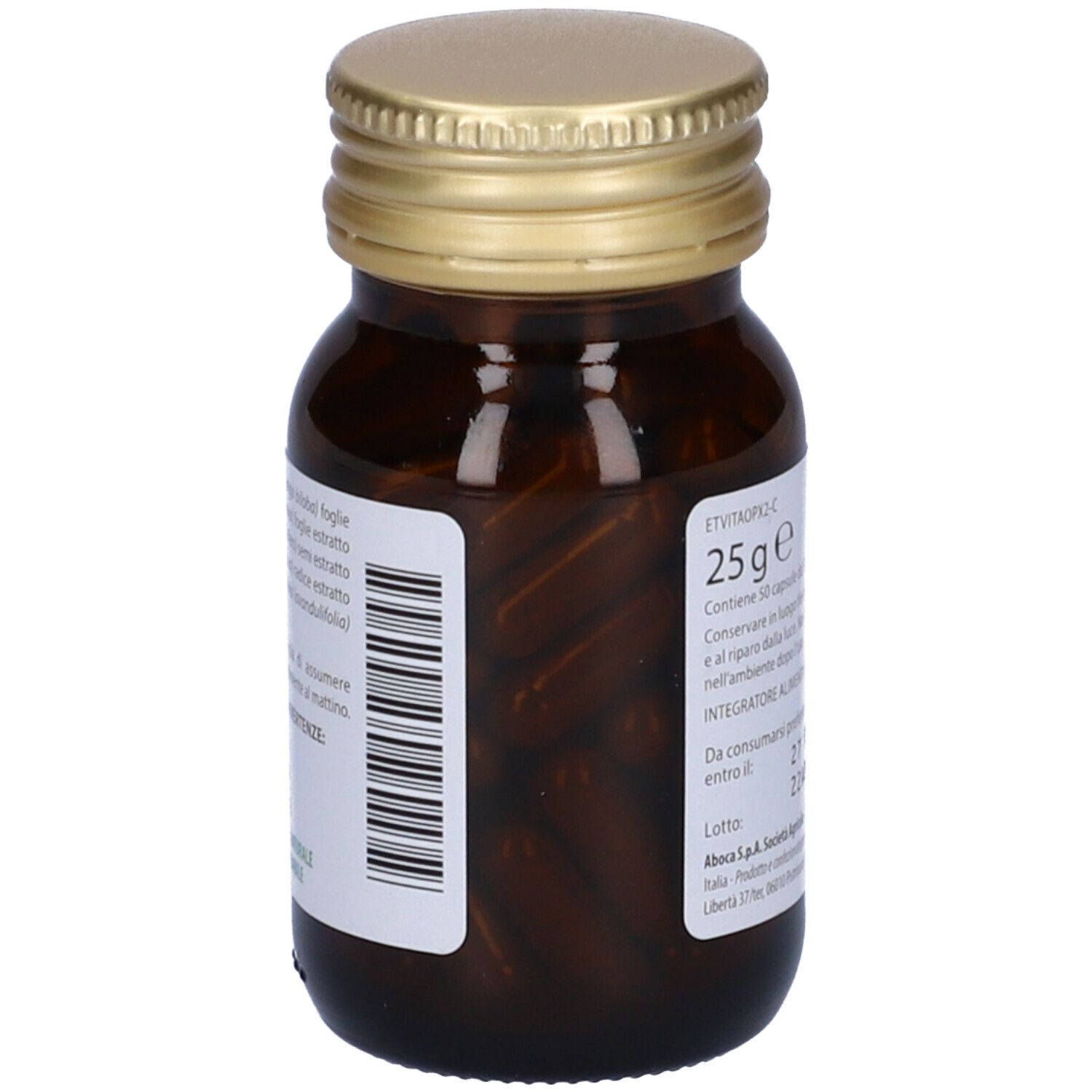 Flacone di vetro marrone con tappo dorato. Capsule Natura Mix Mente. Testo: Capsule, senza glutine. 25 g.