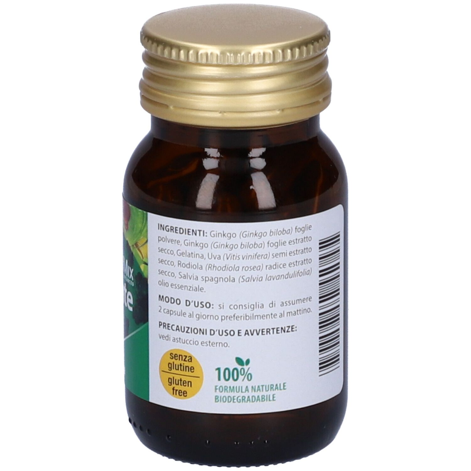 Flacone di vetro marrone con tappo dorato. Capsule Natura Mix Mente. Testo: Capsule, senza glutine. 25 g.